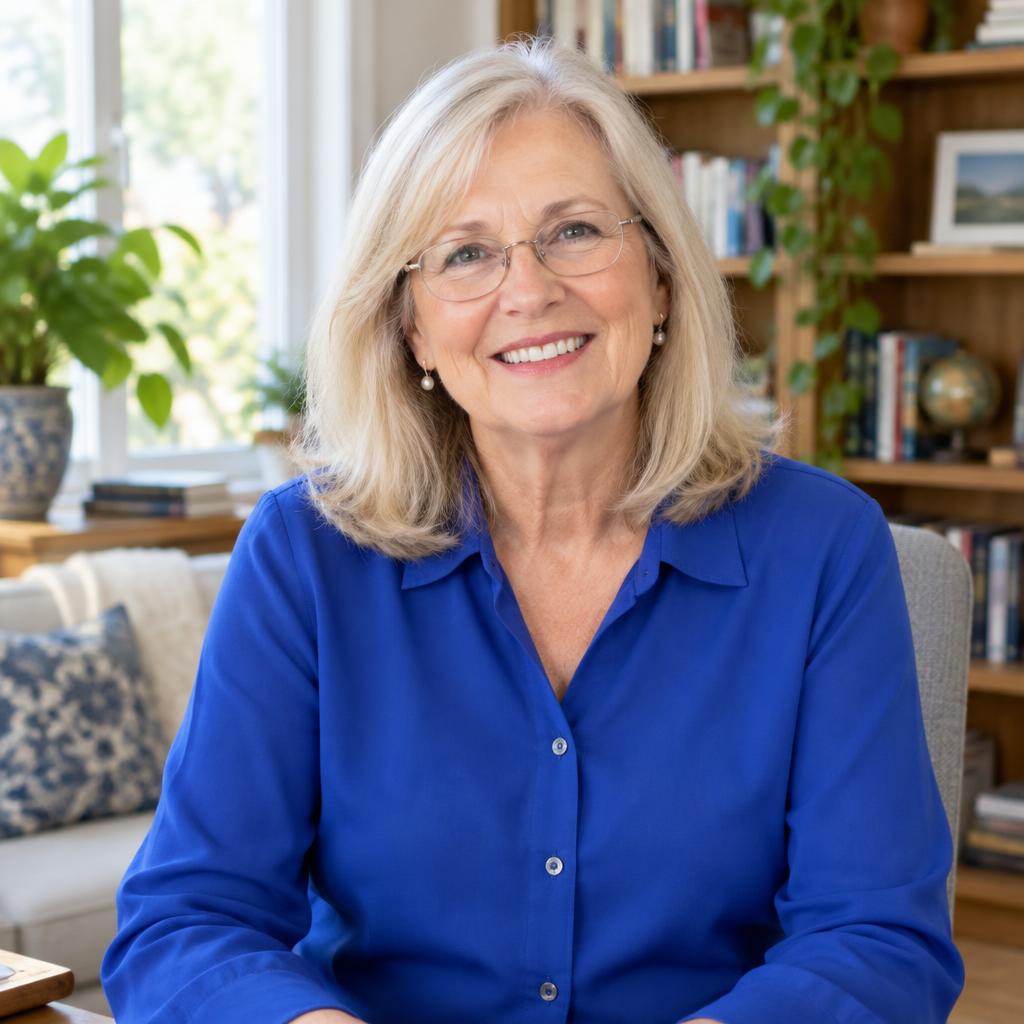 Smiling reading educator in a blue blouse
