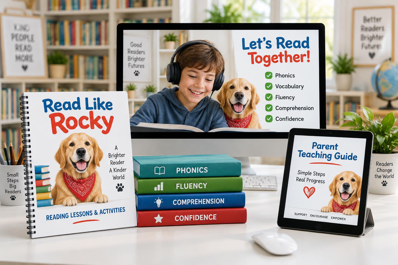 Child reading with Rocky the golden retriever, Read Like Rocky workbook, skill books (Phonics, Vocabulary, Fluency, Comprehension, Confidence) and the Parent Teaching Guide