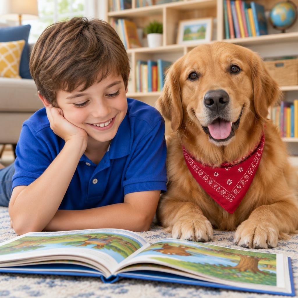 A boy and Rocky reading a book together